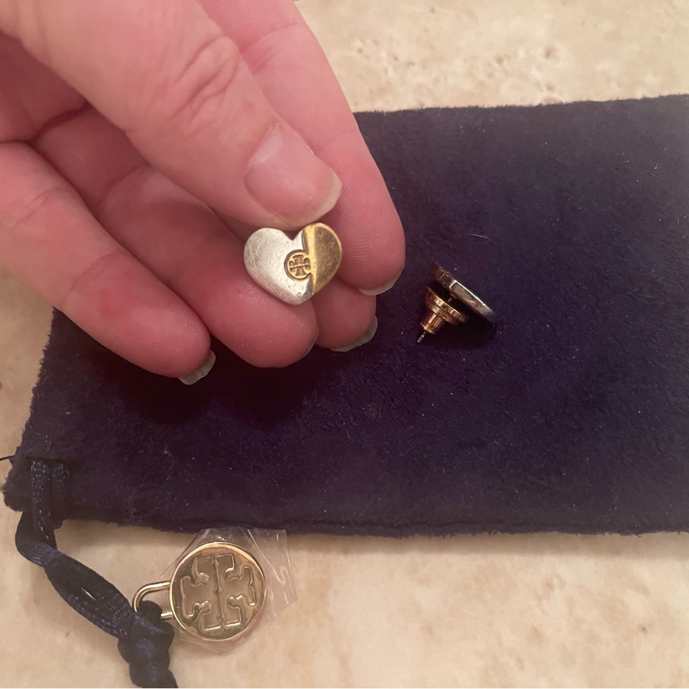 Tory Burch two tone logo heart earrings